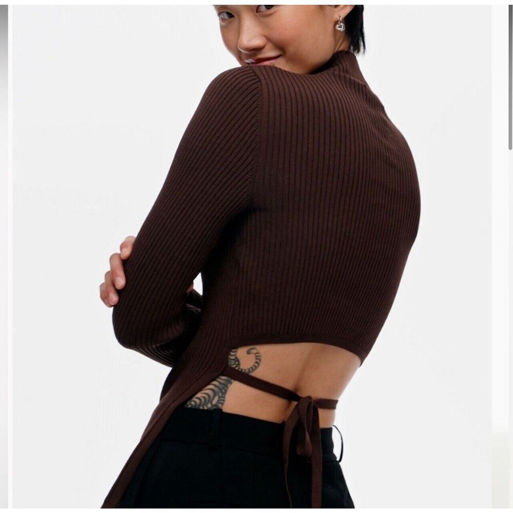 Babaton Aritzia Sweater Sz Xs Sculpt Knit Tie Open Back Ribbed Brown Mockneck​